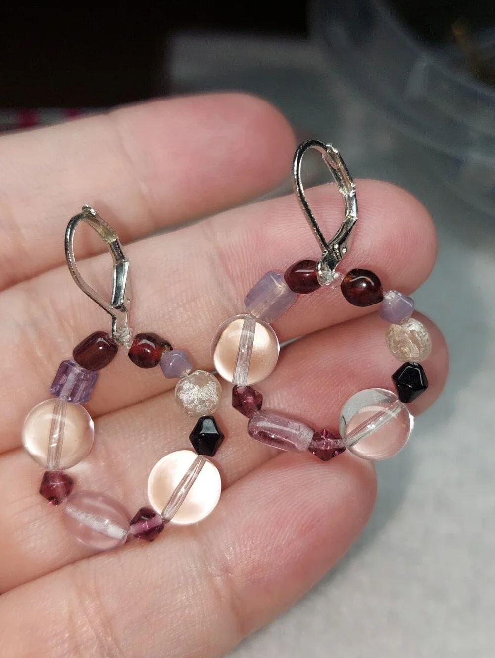 Multicolor Purple Glass Beaded Hoop Earrings Handmade Nwt
